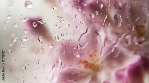 Abstract Close-Up of Musk Flowers Behind Water-Droplet-Covered Glass: Soft and Dreamy Texture photo