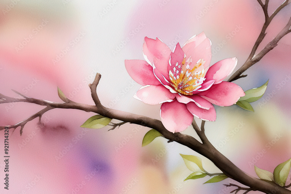Watercolor painting of a pink flower on a branch. Watercolor painting of a pink flower on a branch.