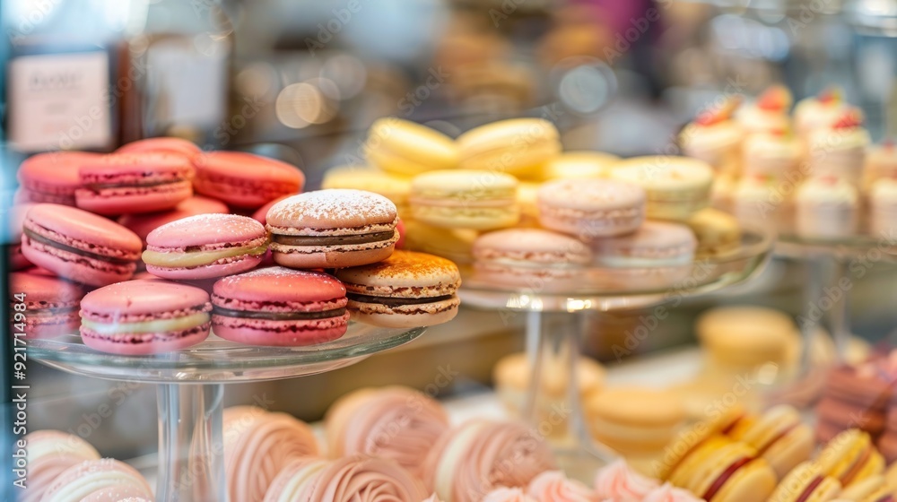 Fototapeta premium Glass pot with macarons and cakes. Cake shop interior. Cheesecake and macaroons in showcase. Pastry shop with dessert in glass. Bakery cafe. Sweet food. Desserts for the breakfast