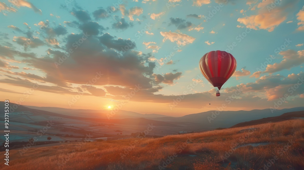 Obraz premium A Hot Air Balloon Ascending Over Rolling Hills at Sunset