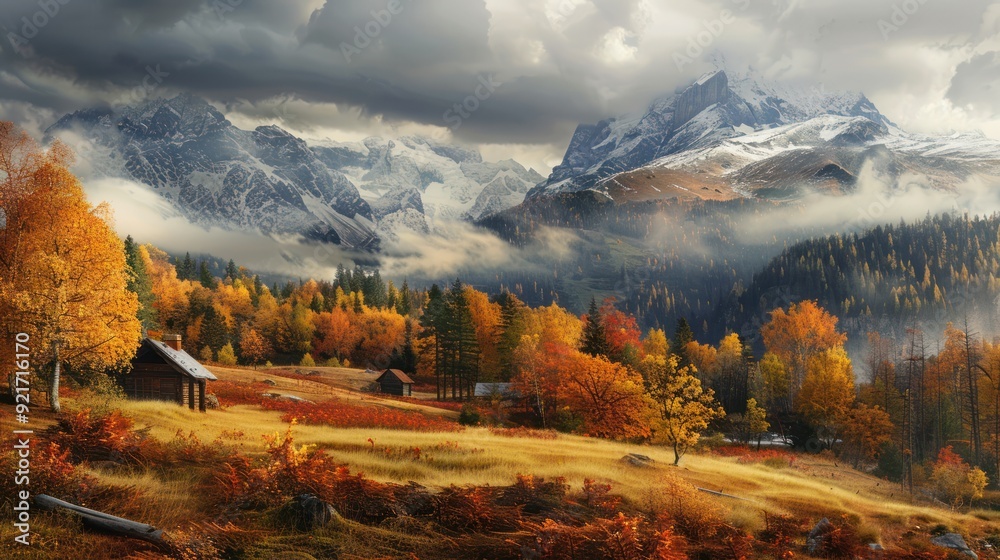 Autumnal Mountain Landscape with Cabins and Fog Autumnal Mountain Landscape with Cabins and Fog