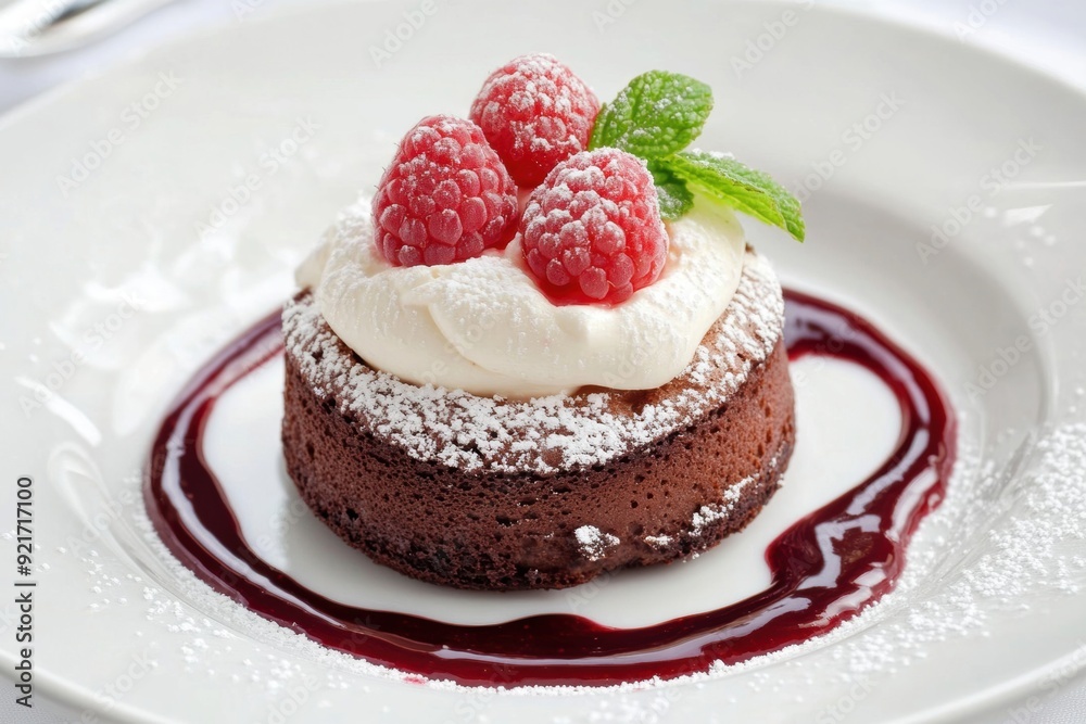 A velvety chocolate soufflé is elegantly drizzled with raspberry coulis, creating a tangy and sweet fusion with the rich chocolate dessert. A velvety chocolate soufflé is elegantly drizzled with raspberry coulis, creating a tangy and sweet fusion with the rich chocolate dessert.