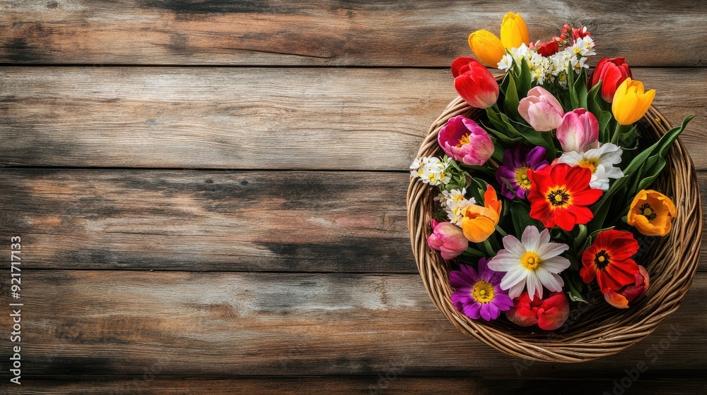 A top view of spring flowers in a basket on a wooden table, with ample space for text on the side. A top view of spring flowers in a basket on a wooden table, with ample space for text on the side.