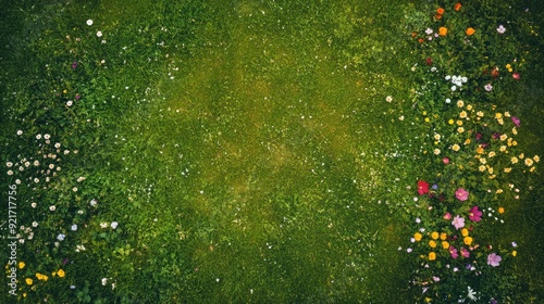 Aerial shot of a spring meadow with colorful flowers and green grass. Copy space on the right.