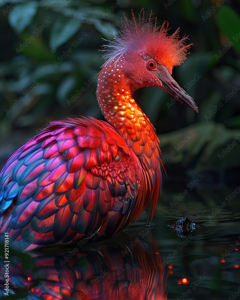 Naklejka premium Vibrant red bird with iridescent feathers standing in water.