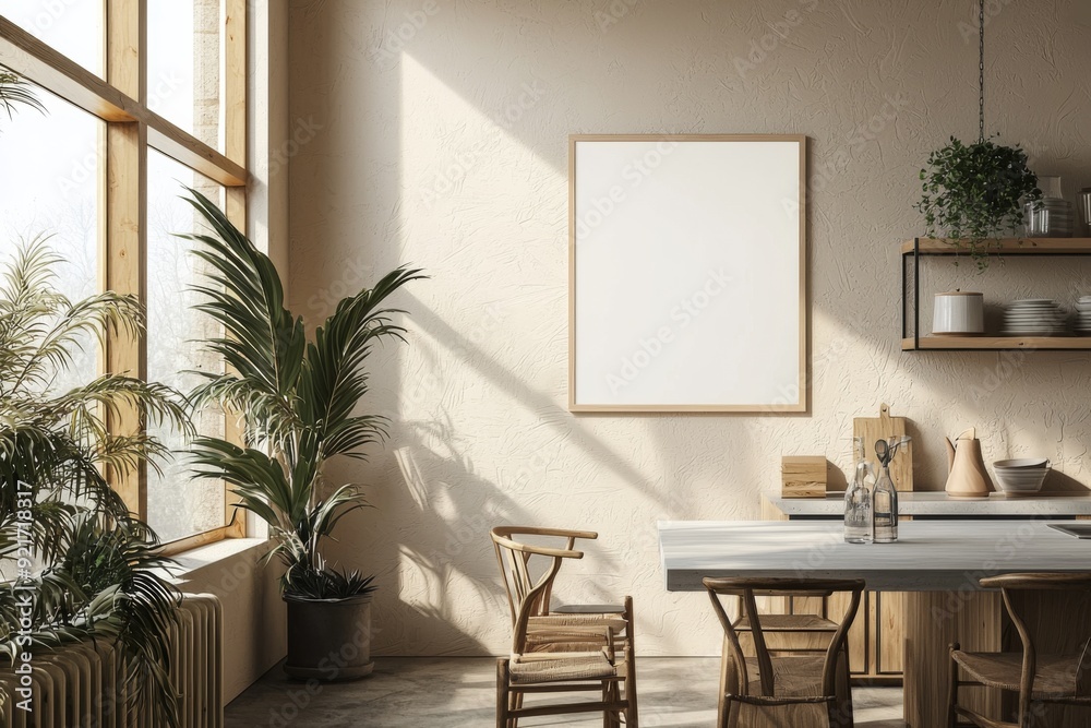 Fototapeta premium Minimalist Kitchen interior with Poster Mockup created with Generative AI