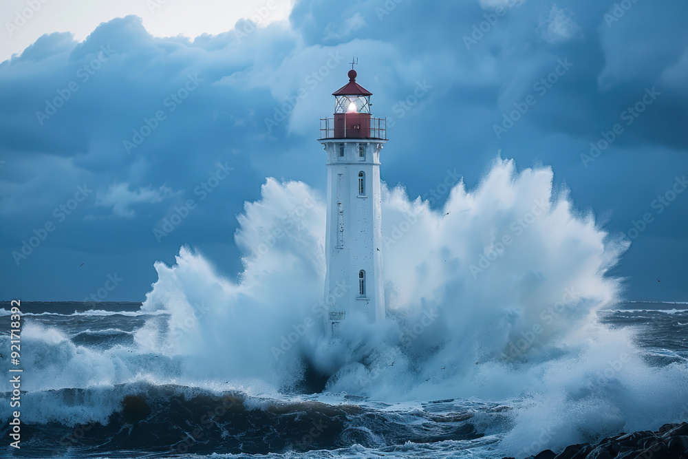 Generative ai on theme of large retro lighthouse with beam of bright light shining out to blue sea Generative ai on theme of large retro lighthouse with beam of bright light shining out to blue sea