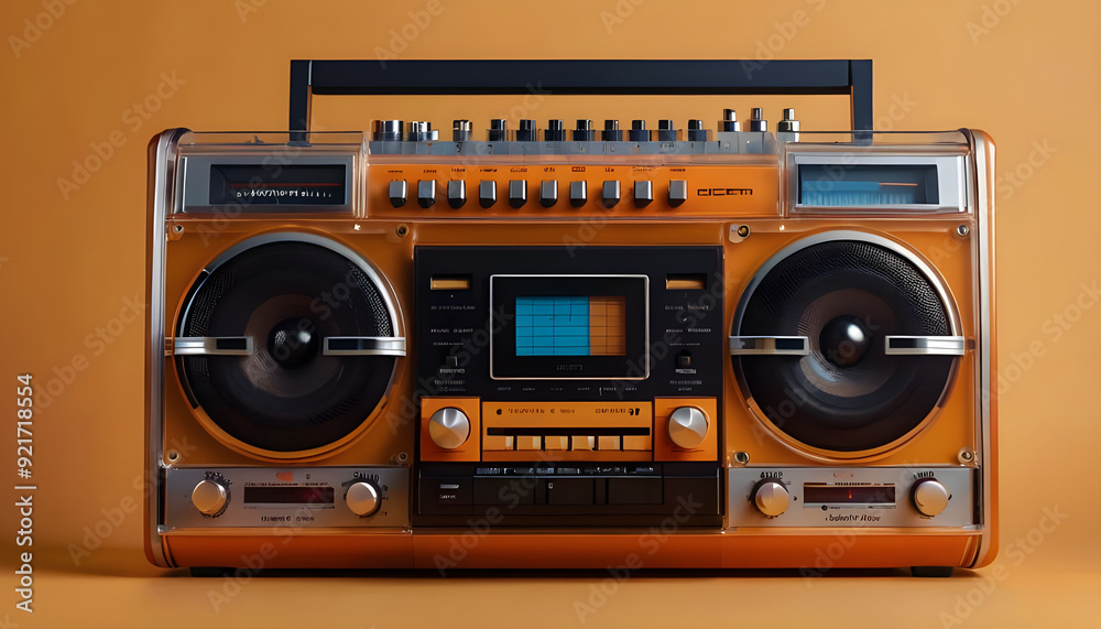 Fototapeta premium Retro outdated portable cassette tape recorder from 80s audio tape on wooden table front mint White wall background