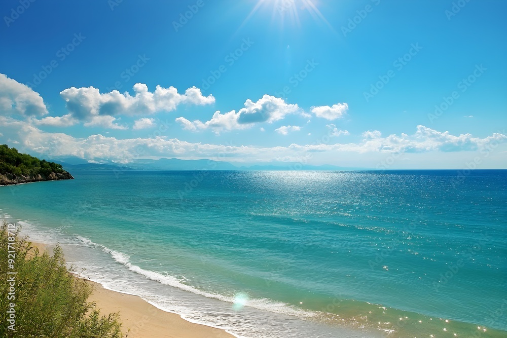 Beautiful beach with sea, sun and blue sky. Concept for travel and summer vacation. Beautiful beach with sea, sun and blue sky. Concept for travel and summer vacation.