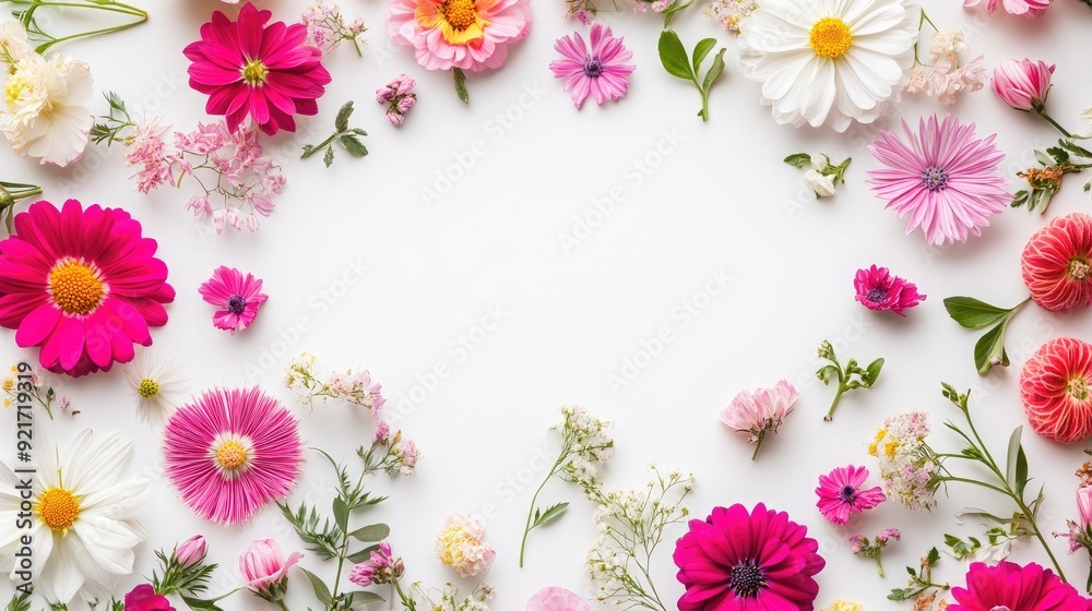 Bright spring blossoms arranged in a heart shape on a light blue background, with copy space available. Bright spring blossoms arranged in a heart shape on a light blue background, with copy space available.