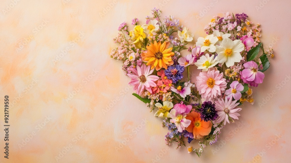 Fototapeta premium Fresh spring flowers arranged in a heart shape on a pastel background, with space for text in the center.