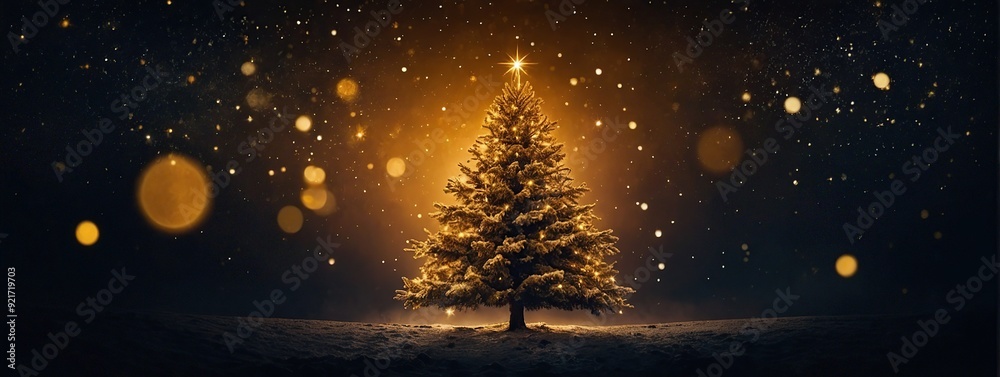 Golden Christmas Tree In Abstract Night Golden Christmas Tree In Abstract Night