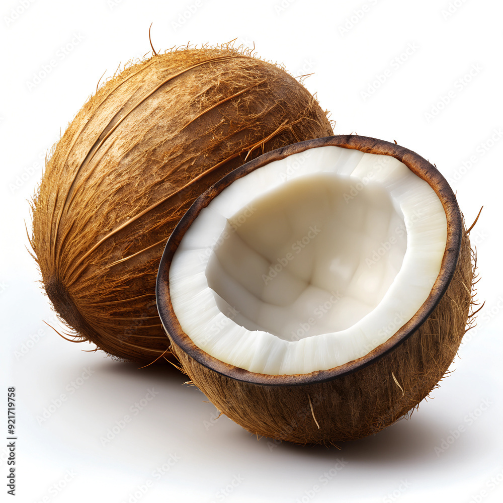 Isolated Half Coconut with White Flesh on White Background. Half coconut with visible white flesh, isolated on a white background Isolated Half Coconut with White Flesh on White Background. Half coconut with visible white flesh, isolated on a white background