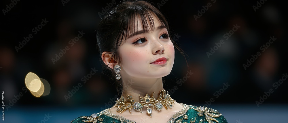 A graceful young figure skater wearing an elegant costume, showcasing poise and confidence during a performance on the ice. A graceful young figure skater wearing an elegant costume, showcasing poise and confidence during a performance on the ice.