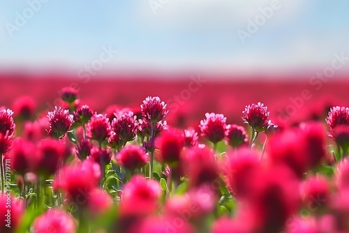 A beautiful blooming red field in the Czech Republic. Concept for nature and agriculture. Beautiful red flowers. Spring nature background. Clover incarnate - Trifolium incarnatum photo