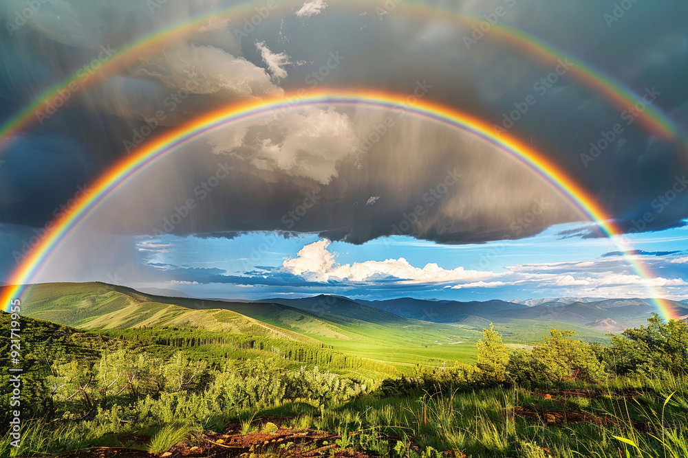 Generative ai on theme of beautiful tranquil landscape with magical bright rainbow at cloudy sky Generative ai on theme of beautiful tranquil landscape with magical bright rainbow at cloudy sky