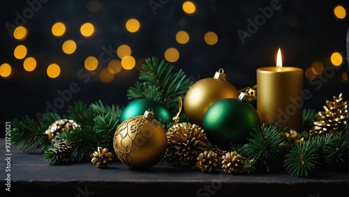 Green and Golden Christmas decor on the table on dark background 