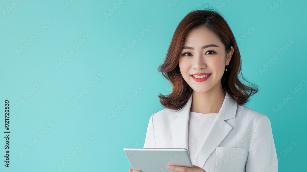 A professional woman in a white suit holds a tablet, smiling confidently against a turquoise background, showcasing modern business aesthetics. A professional woman in a white suit holds a tablet, smiling confidently against a turquoise background, showcasing modern business aesthetics.