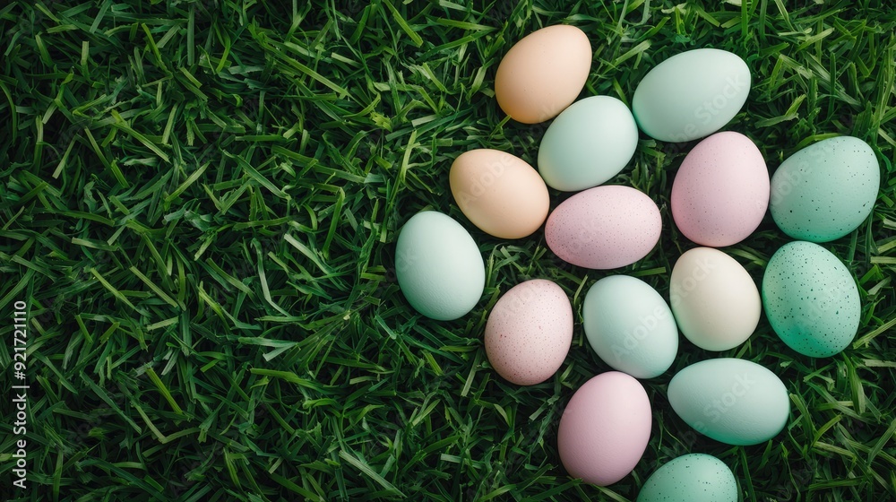 Pastel-colored Easter eggs nestled in green grass, top view. Ample copy space around. Pastel-colored Easter eggs nestled in green grass, top view. Ample copy space around.