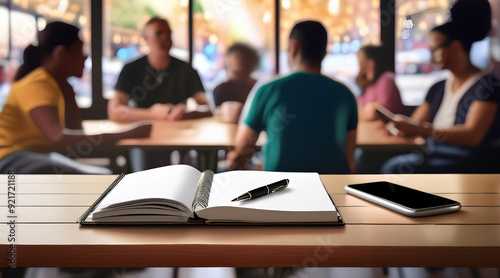 Open notebook with pen, smartphone on the table, and background chatter with blurred background