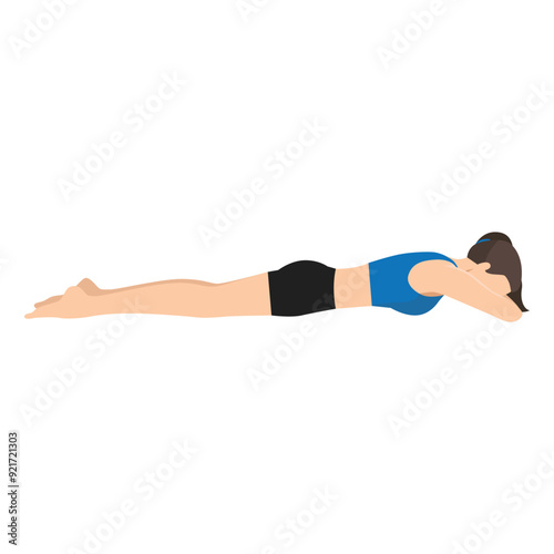 Woman doing Crocodile Pose, Makarasana or Nakarasana. Flat vector illustration isolated on white background