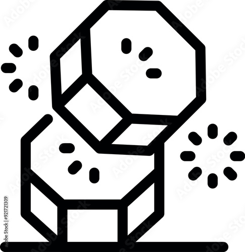 Line art icon of two hexagonal molecules colliding and releasing energy particles