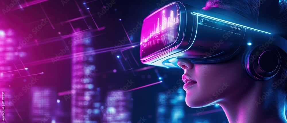 A futuristic scene featuring a woman using a virtual reality headset, immersed in digital landscapes with vibrant neon colors.