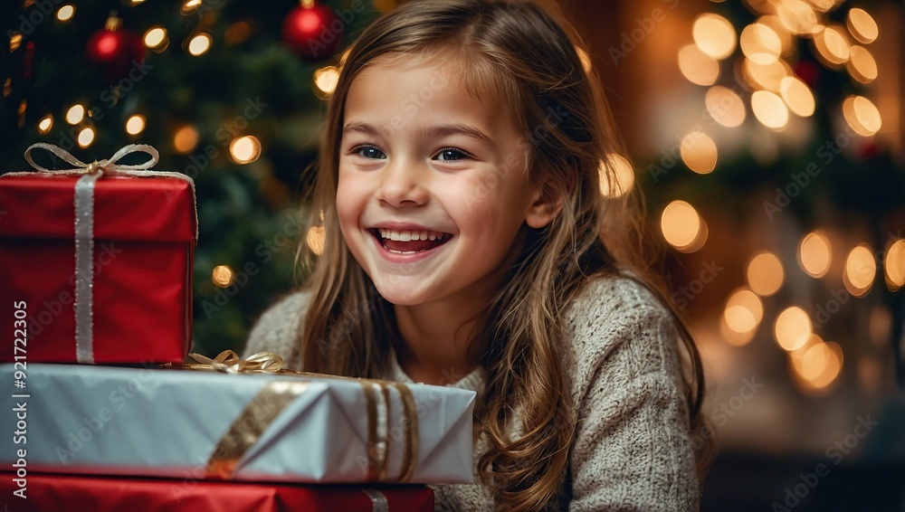 Happy girl with gifts at Christmas dinner Happy girl with gifts at Christmas dinner