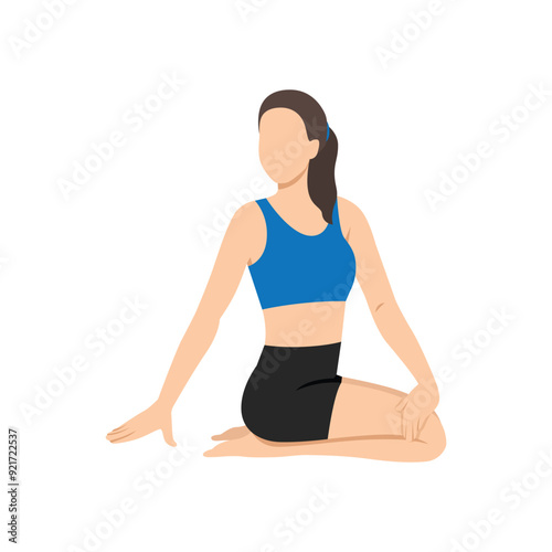 Woman doing Revolved Thunderbolt Pose or Parivrtta Vajrasana. Flat vector illustration isolated on white background