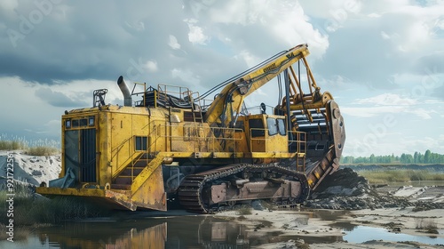 Heavy machinery working in a quarry with mountains generated with AI