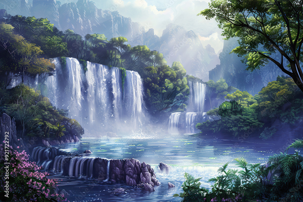 Naklejka premium Generative ai on theme of beautiful majestic waterfall in natural nature, national park attraction