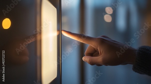 A modern electronic light dimmer being adjusted by a hand with a clear display of light levels on the touch screen photo