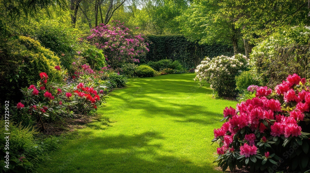 Vibrant Garden with Lush Greenery and Blooming Rhododendrons