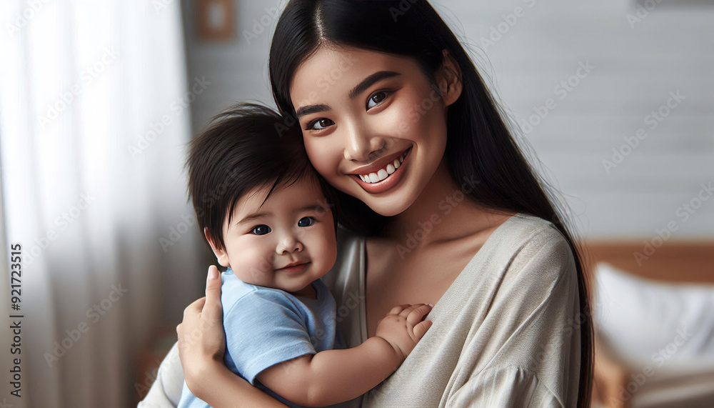A mother smiles lovingly at her baby, holding them close. A mother smiles lovingly at her baby, holding them close.