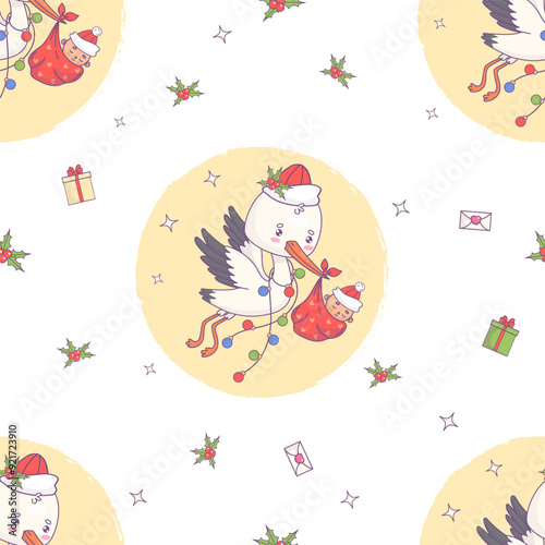 Seamless pattern with Christmas stork in Santa hat with festive garland and baby in bag with New Year gifts on white background. Vector illustration. Cartoon bird kawaii and holiday arrival of infant