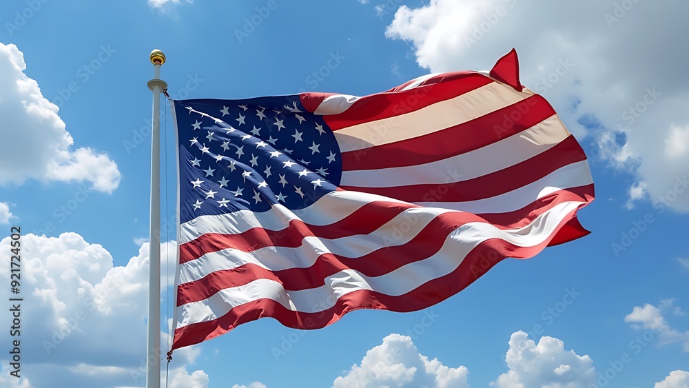 A vibrant United States flag waves against a partly cloudy sky, symbolizing American patriotism and national pride. A vibrant United States flag waves against a partly cloudy sky, symbolizing American patriotism and national pride.