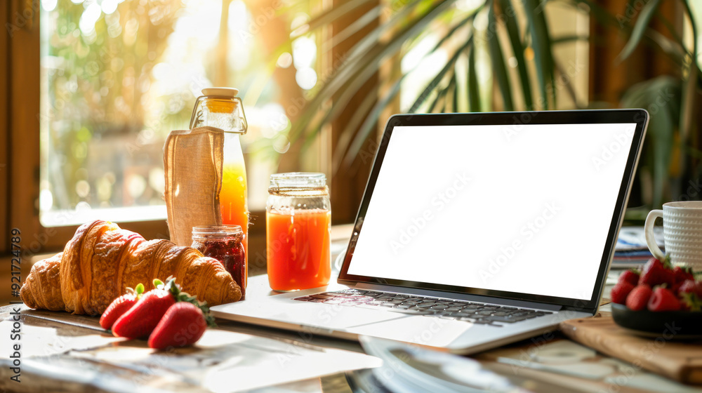 Laptop computer with mockup white screen on table with breakfast: juice, croissant, berries. Online grocery shopping, food delivery app ads concept, cook book diet plan nutrition recipes culinary blog Laptop computer with mockup white screen on table with breakfast: juice, croissant, berries. Online grocery shopping, food delivery app ads concept, cook book diet plan nutrition recipes culinary blog