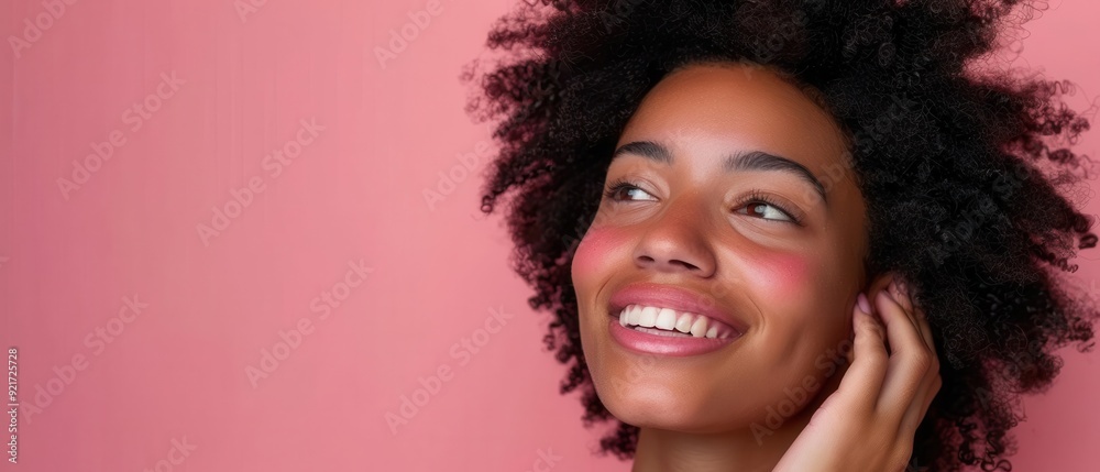 Smiling woman, flawless and glowy skin, gently touching her face Spacious copy space for skincare advertisement, bright and clear Smiling woman, flawless and glowy skin, gently touching her face Spacious copy space for skincare advertisement, bright and clear