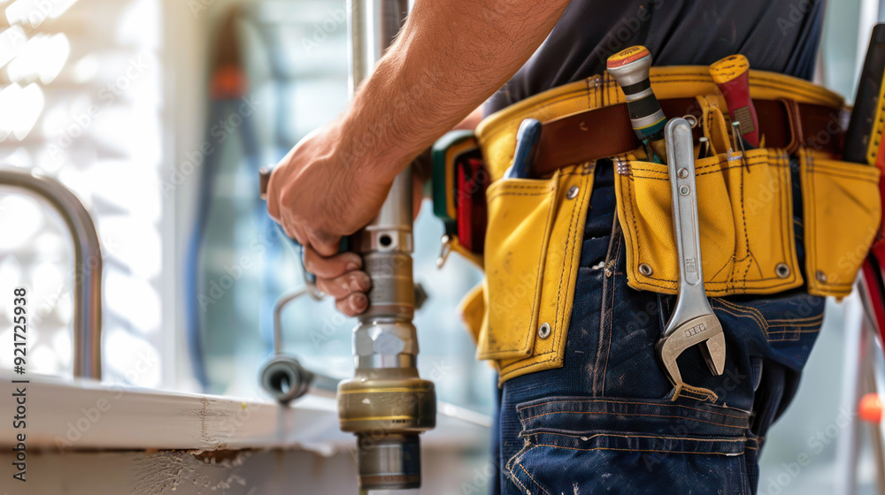 Plumber repairing a bathroom sink, professional service concept. Cheerful repairman. plumber at work in a bathroom, plumbing repair service, assemble and install, Close up, faceless