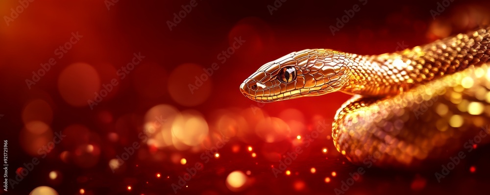 Chinese New Year 2025,A close-up of a golden snake glistening against a vibrant red background, showcasing intricate scales and enchanting bokeh effects. Chinese New Year 2025,A close-up of a golden snake glistening against a vibrant red background, showcasing intricate scales and enchanting bokeh effects.