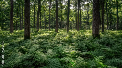 Sunlight Filtering Through a Fern-Filled Forest