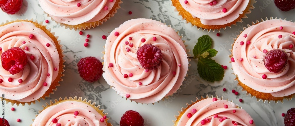 An array of cupcakes with pink frosting and fresh raspberries sits elegantly on a marble countertop, highlighting their delightful colors and textures An array of cupcakes with pink frosting and fresh raspberries sits elegantly on a marble countertop, highlighting their delightful colors and textures