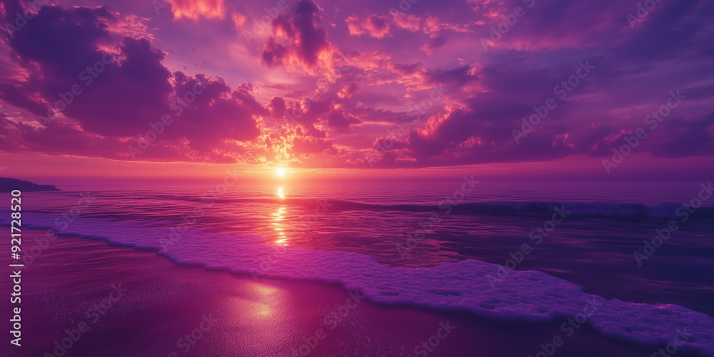 A golden sun setting in the backdrop of a purple sky, casting a warm glow over the calm seashore, with gentle waves meeting the sandy shore under soft clouds. A golden sun setting in the backdrop of a purple sky, casting a warm glow over the calm seashore, with gentle waves meeting the sandy shore under soft clouds.