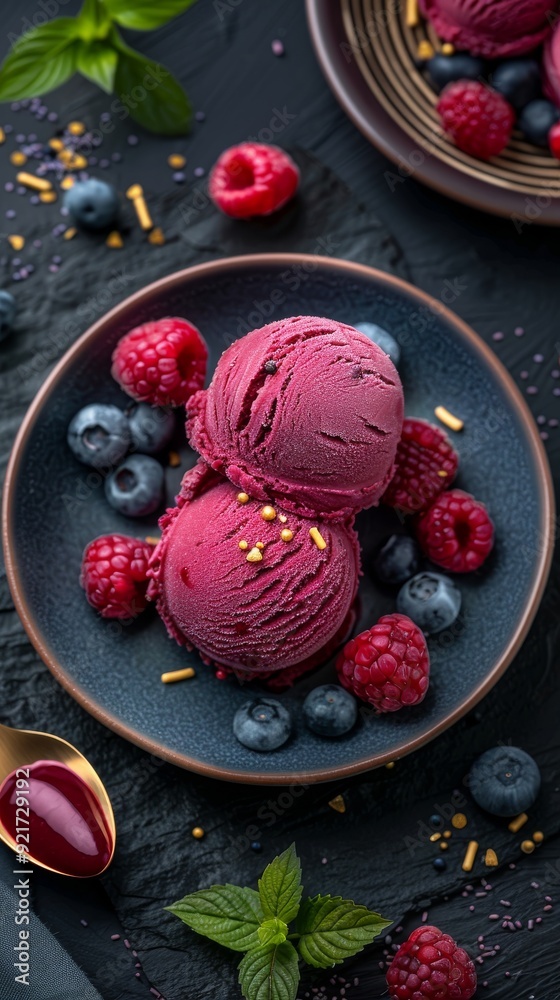 Dark grey plate holds two scoops of dark red ice cream adorned with fresh raspberries and blueberries, creating a tempting dessert display Dark grey plate holds two scoops of dark red ice cream adorned with fresh raspberries and blueberries, creating a tempting dessert display