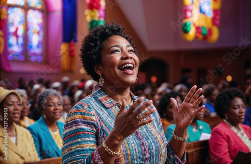 Joyful woman singing hymns during a church service, vibrant decorations and a sense of community and worship