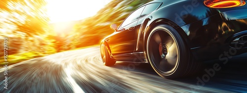 Black sports car driving fast on a winding road with sun shining brightly.
