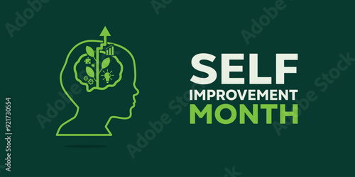 Self Improvement month. Human, brain, puzzle, lamp, gear and more. Great for cards, banners, posters, social media and more. Dark green background.