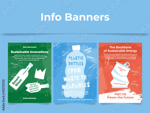 Recycling sustainable innovation online workshop info poster grunge design template set vector flat