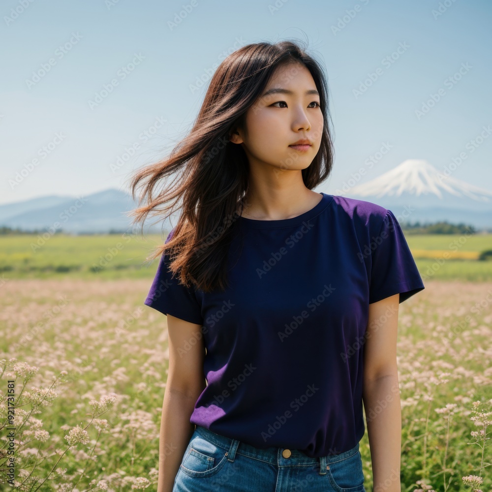 Confident woman stands boldly in flower-filled field under clear blue sky Confident woman stands boldly in flower-filled field under clear blue sky