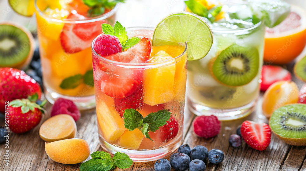 Three glasses of fresh fruit juice with strawberries, blueberries, and kiwi Three glasses of fresh fruit juice with strawberries, blueberries, and kiwi